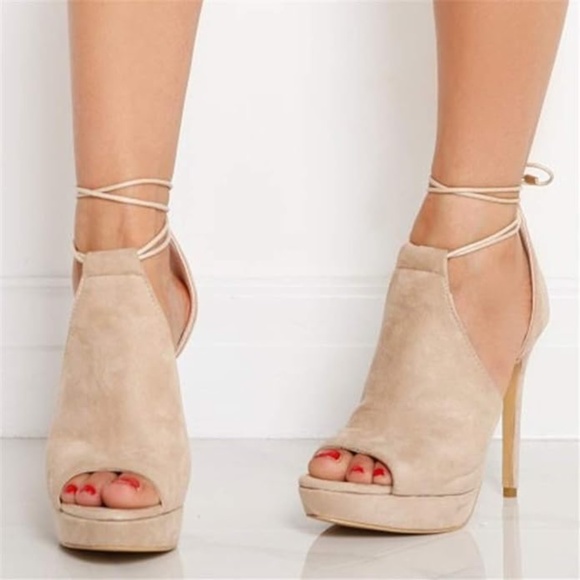 Women's Peep Toe Tie Lace Up Platform Tan Suede High Heels Size 9 - Picture 1 of 4